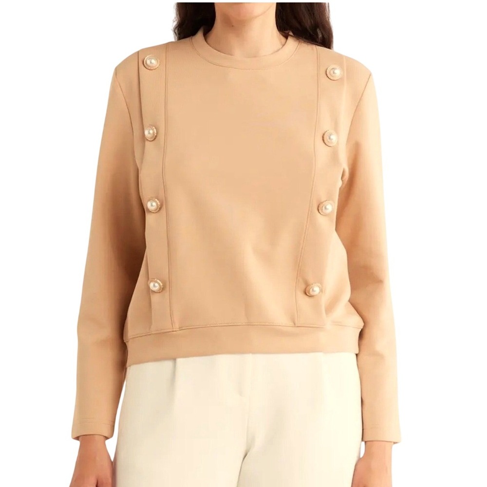 The GREii Double Faux Pearl & Gold Tone Button Pleated Long Sleeve Top, Medium
